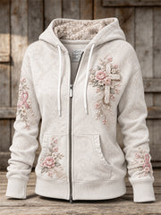 Sweat à capuche zippé intégral pour femme, imprimé artistique en dentelle florale avec roses roses vintage et croix chrétienne