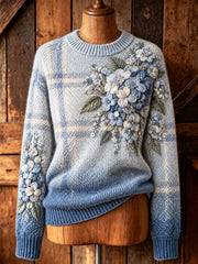 Retro Floral Checkered Gradient Artistic Crew-Neck Pullover Femme