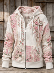 Femmes Rose Vintage Roses Christian Croix Floral Dentelle Patchwork Art Imprimer Full Zip Hoodie