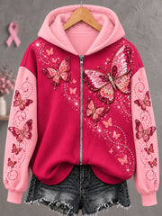 Sweat à capuche zippé pour femme, motif papillon et cancer du sein