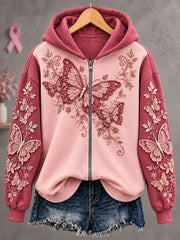Sweat à capuche zippé pour femme, motif papillon et cancer du sein