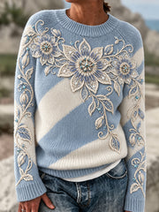 Pull à encolure ras du cou rétro à rayures florales patchwork