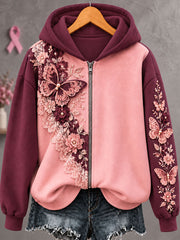 Sweat à capuche zippé pour femme, motif papillon et cancer du sein