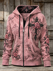 Sweat à capuche zippé intégral pour femme, imprimé floral vintage avec ruban rose, croix gothique et roses