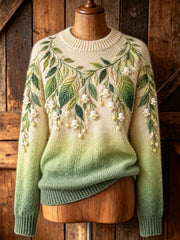 Femme Rétro Imprimé Feuille Floral Dégradé Artistique Col Rond Pull