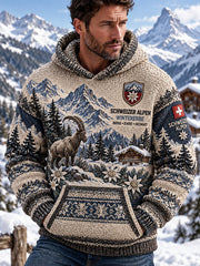 Sweat à capuche en tricot graphique commémoratif alpin d'hiver pour hommes