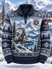 Sweat-shirt à col roulé doublé polaire hiver homme avec imprimé graphique sur le thème alpin