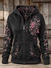 Sweat à capuche zippé intégral pour femme, style vintage, avec ruban rose, croix gothique et imprimé floral de roses pailletées
