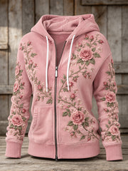 Sweat à capuche décontracté pour femme, motif floral rose, fermeture éclair