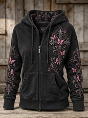 Sweat à capuche zippé intégral pour femme, style vintage, avec imprimé ruban rose, croix gothique et papillons