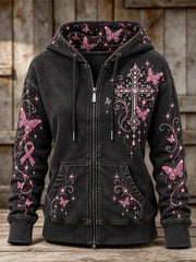 Sweat à capuche zippé intégral pour femme, imprimé pailleté avec ruban rose vintage, croix gothique et papillons