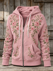 Sweat à capuche décontracté pour femme, motif floral rose, fermeture éclair