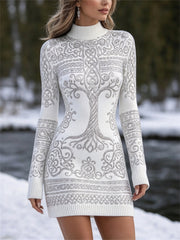 Femme Viking Arbre de Vie Celtique Noeud Imprimer Mock cou Pull Mini Robe