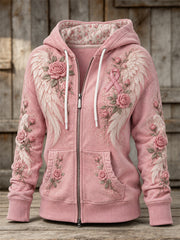 Sweat à capuche zippé intégral pour femme, motif floral avec ailes rétro et roses du ruban rose