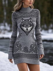 Femmes Viking Wolf noeud celtique Imprimer Mock cou Pull Mini robe