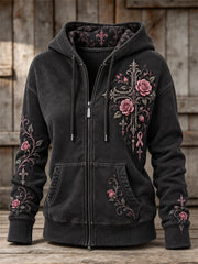 Sweat à capuche zippé intégral pour femme, imprimé floral vintage avec ruban rose, croix gothique et roses