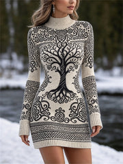 Robe pull courte à col montant pour femme, motif viking arbre de vie et nœud celtique