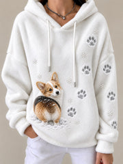 Femmes Corgi Dog & Paw Prints dans la neige Imprimer Cozy Flannel Hoodie