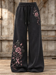 Pantalon de survêtement large à jambe pour femme, imprimé floral style gothique vintage avec croix et ruban rose orné de roses