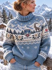 Pull col roulé graphique commémoratif pour femmes, style alpin