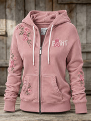Sweat à capuche décontracté zippé pour femme, motif rose et ruban de la solidarité rose