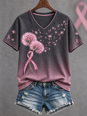 T-shirt imprimé floral de sensibilisation au cancer du sein pour femmes