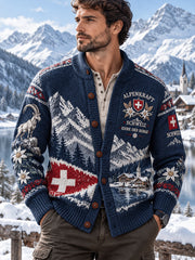 Cardigan tricoté pour homme avec imprimé graphique commémoratif alpin