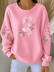 Sweat-shirt rose à col rond et côtes imprimé, en soutien à la sensibilisation au cancer du sein chez les femmes