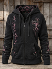 Femme Hope For A Cure Gothique Croix & Rose Ruban Roses Imprimé Floral Full Zip Hoodie