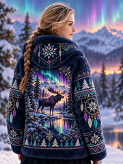 Manteau en flanelle à motifs d'animaux de la forêt nordique pour femme