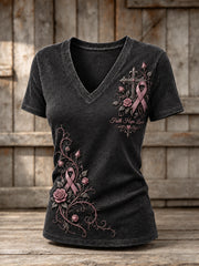 T-shirt à manches courtes pour femme, imprimé gothique floral avec ruban rose et croix