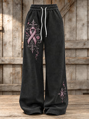 Pantalon de survêtement large à imprimé floral avec croix gothique et ruban rose pour femme