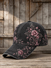 Chapeau unisexe à imprimé floral avec croix gothique et roses du ruban rose