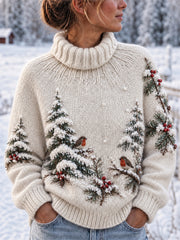 Vintage Robin Birds Snowy Forest Landscape Print Cozy Pull à col roulé pour femme