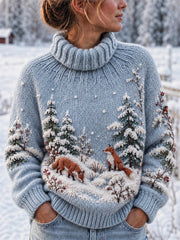 Pull col roulé confortable pour femme, imprimé paysage hivernal avec renards, style rétro