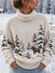 Vintage Elk Snowy Forest Landscape Print Cozy Pull à col roulé pour femmes