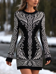 Robe décontractée à col rond, style pull, pour femme, imprimée d’ailes vikings rétro et de nœuds celtiques