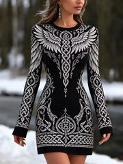 Femmes etro Viking ailes et noeud celtique Imprimer Casual col rond pull style robe