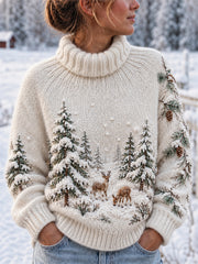 Femmes Vintage Deers Snowy Forest Landscape Print Cozy Pull col roulé