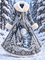 Robe nordique à motifs animaliers pour femme, avec col bordé de fourrure