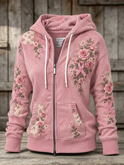 Sweat à capuche décontracté zippé pour femme, motif rose et ruban de la solidarité rose