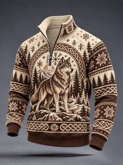 Sweat-shirt décontracté demi-zip rétro à motif loup style viking pour homme
