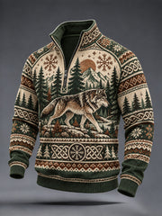 Sweat-shirt décontracté à demi-fermeture zippée pour homme, style viking rétro avec motif de loup