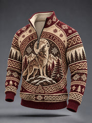 Sweat-shirt décontracté à demi-fermeture zippée pour homme, style viking rétro avec motif de loup