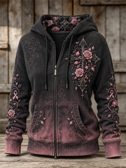 Femmes Gothique Croix Rose Ruban Roses Floral Dégradé Couleur Imprimer Full Zip Hoodie