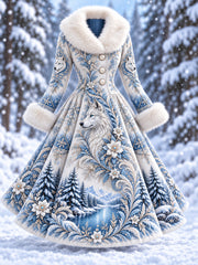 Robe nordique à motifs animaliers pour femme, avec col bordé de fourrure