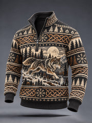 Sweat-shirt décontracté à demi-fermeture zippée pour homme, style viking rétro avec motif de loup