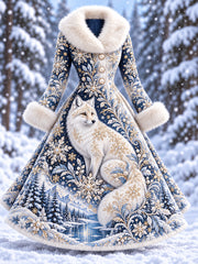 Robe nordique à motifs animaliers pour femme, avec col bordé de fourrure