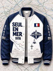 Veste de baseball décontractée pour homme, blanche à rayures bretonnes, motif patchwork style marin «Route du Rhum»