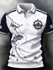 Polo décontracté pour homme, blanc, motif patchwork Route du Rhum française et Bretagne